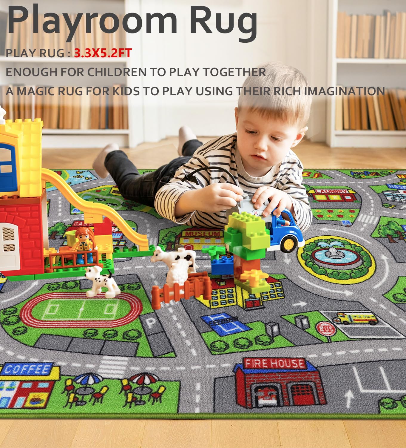 VSIWB rug with toy cars on roads demonstrating scale and durable surface