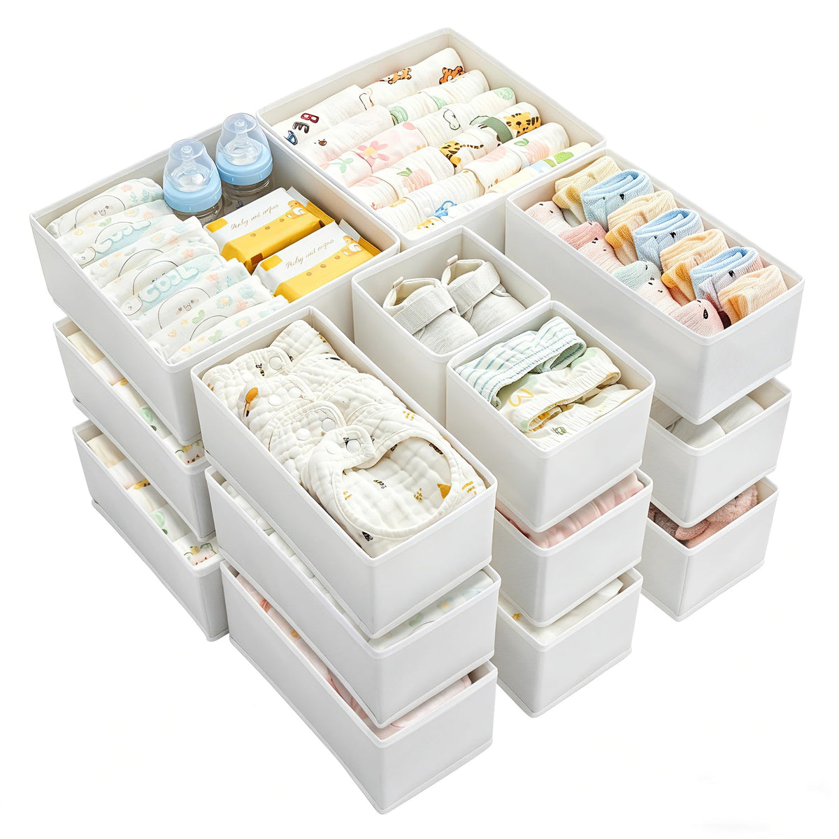 Vtopmart front view of 18-pack white fabric drawer bins shows organized set and space savings