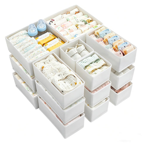 Vtopmart front view of 18-pack white fabric drawer bins shows organized set and space savings