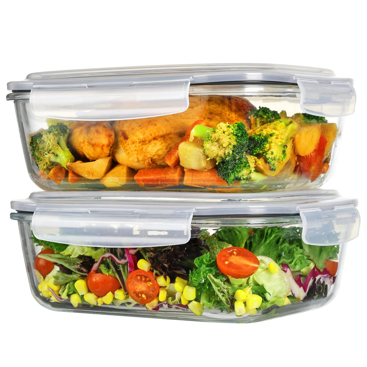 Vtopmart front view of 2-pack glass containers shows clear storage and grey lids benefit organization