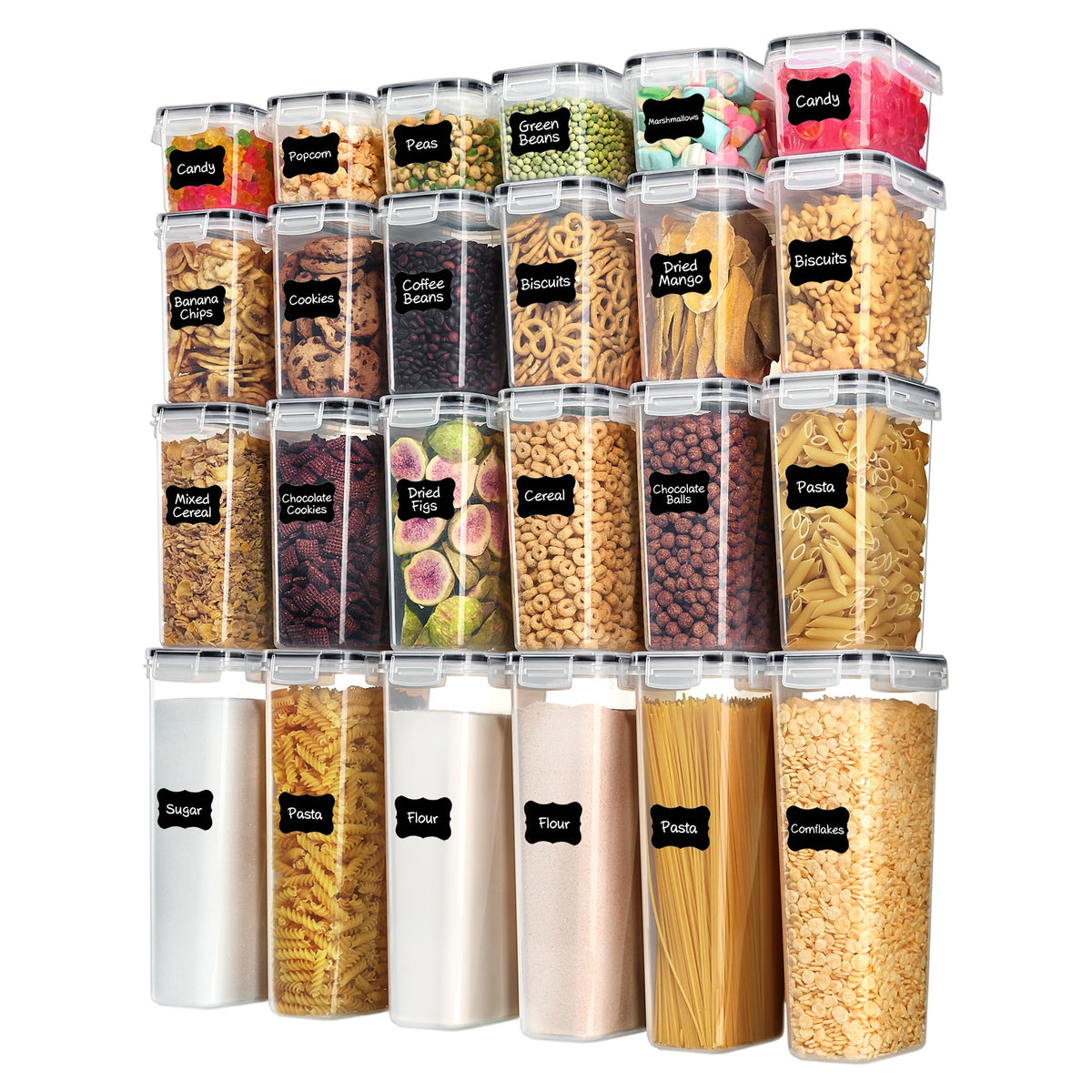 Vtopmart front view of 24-piece black-lidded set showing organized containers and benefit of uniform storage