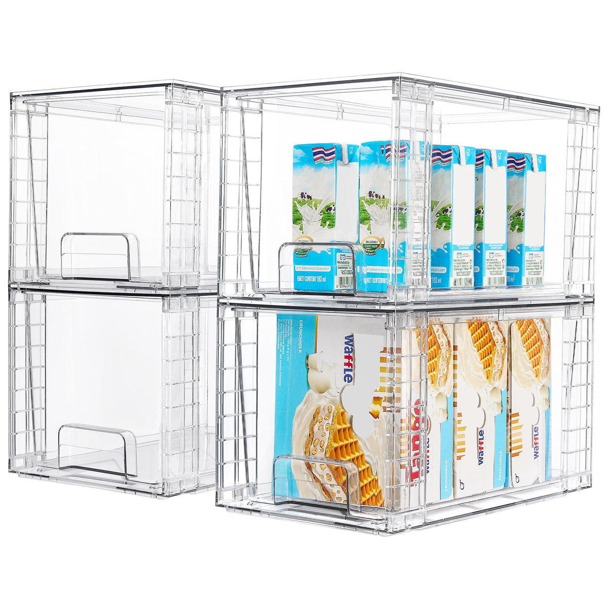 Vtopmart front view of four clear stackable drawers showing visibility and neat storage