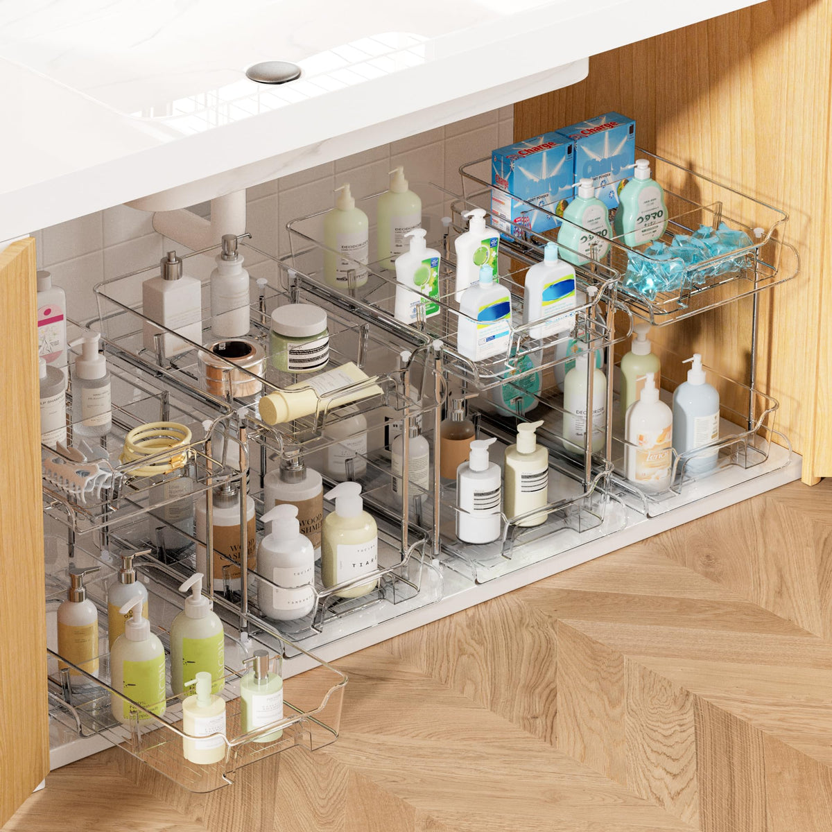 Vtopmart front view of two-tier organizer showing clear drawers and neat storage benefit