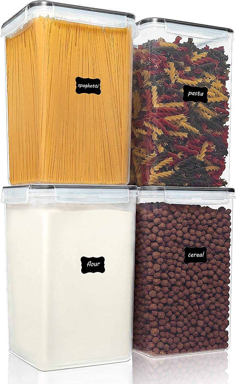 Vtopmart front view showing four clear airtight containers and labels for organized storage