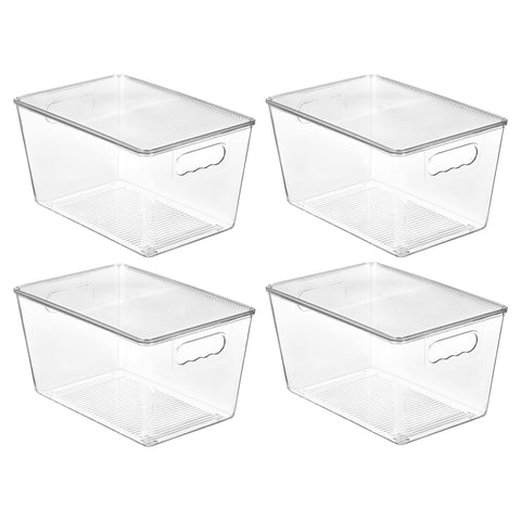 Vtopmart front view of four clear stackable bins showing storage benefit