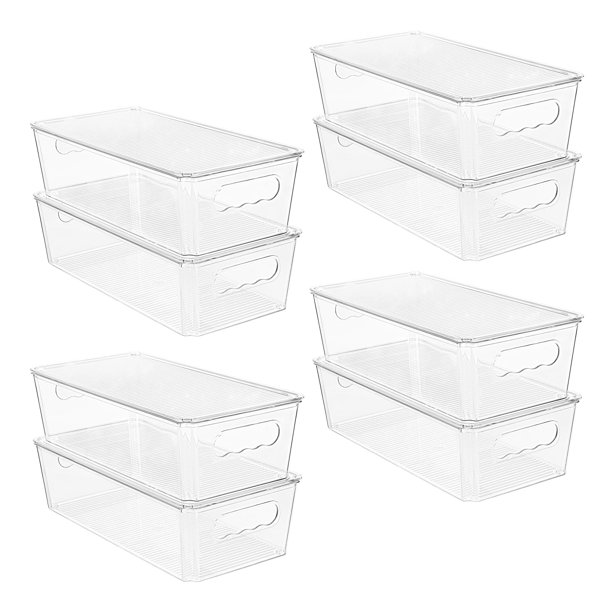 Vtopmart front view of eight clear stackable bins with lids showing organized set