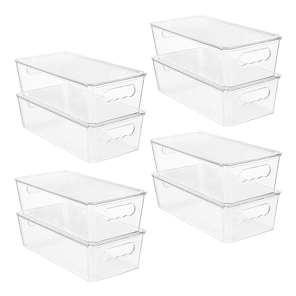 Vtopmart front view of eight clear stackable bins with lids showing organized set