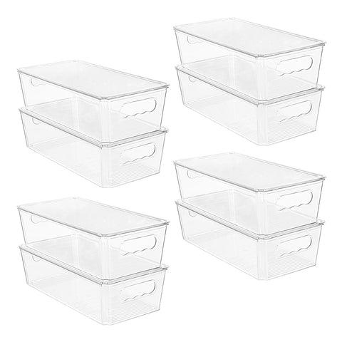 Vtopmart front view of eight clear stackable bins with lids showing organized set