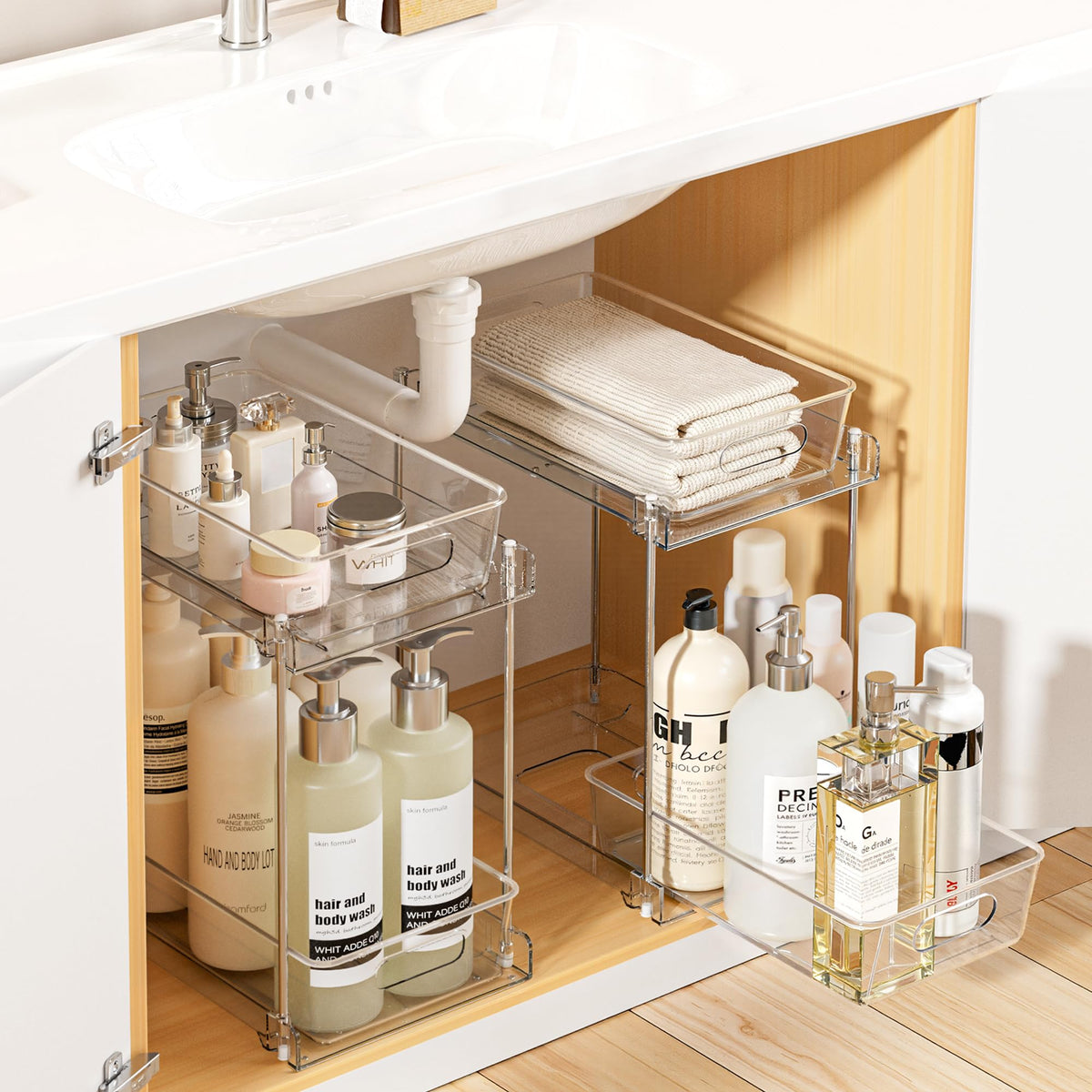 Vtopmart front view of two taller pull-out organizers showing neat storage benefits