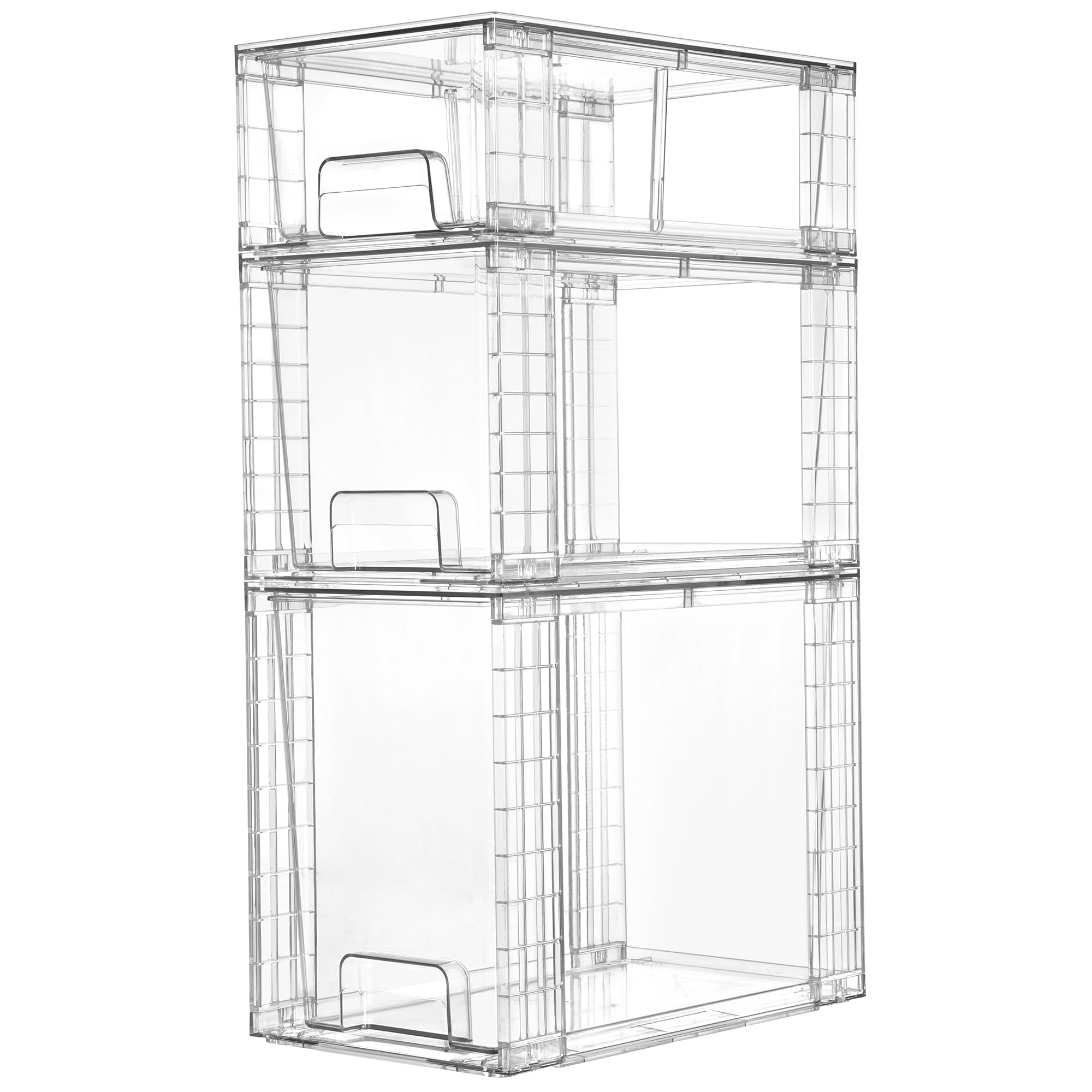 Vtopmart front view of three clear drawers showing compact, stackable storage benefit