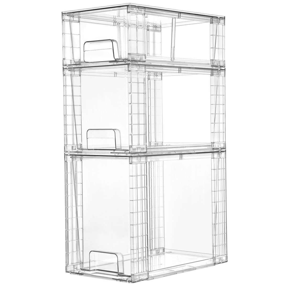 Vtopmart front view of three clear drawers showing compact, stackable storage benefit