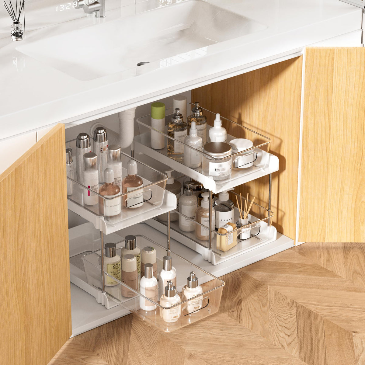Vtopmart front view of two white pull-out organizers showing tidy storage benefits