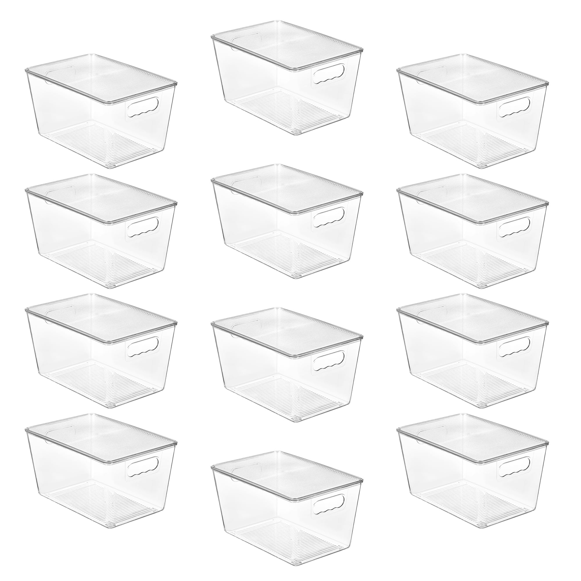 Vtopmart front view of 12-pack clear bins showing boxed set and lids for quick setup