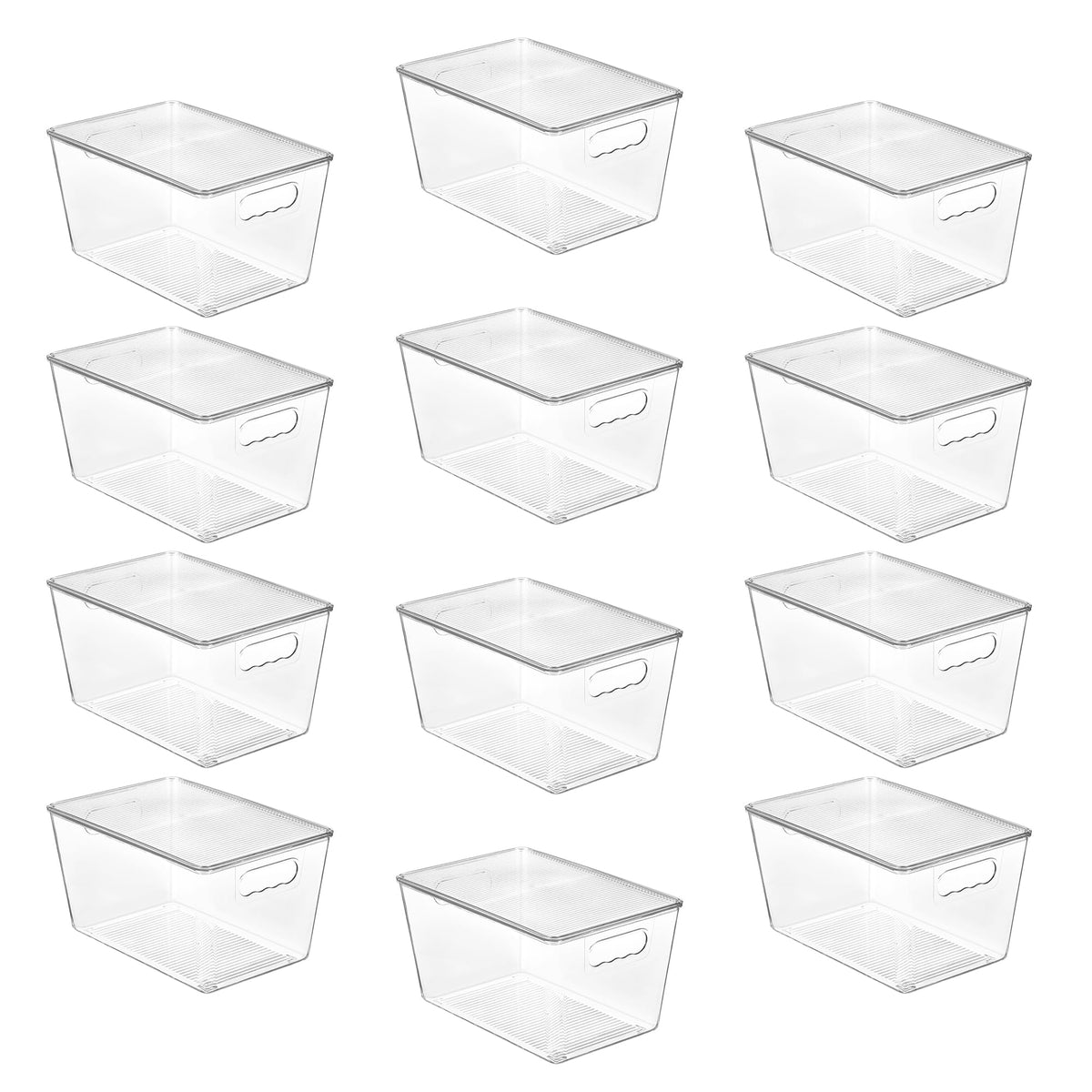 Vtopmart front view of 12-pack clear bins showing boxed set and lids for quick setup