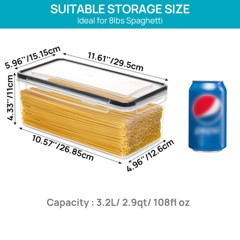 Vtopmart canister laid horizontally with spaghetti inside for easy reach benefit