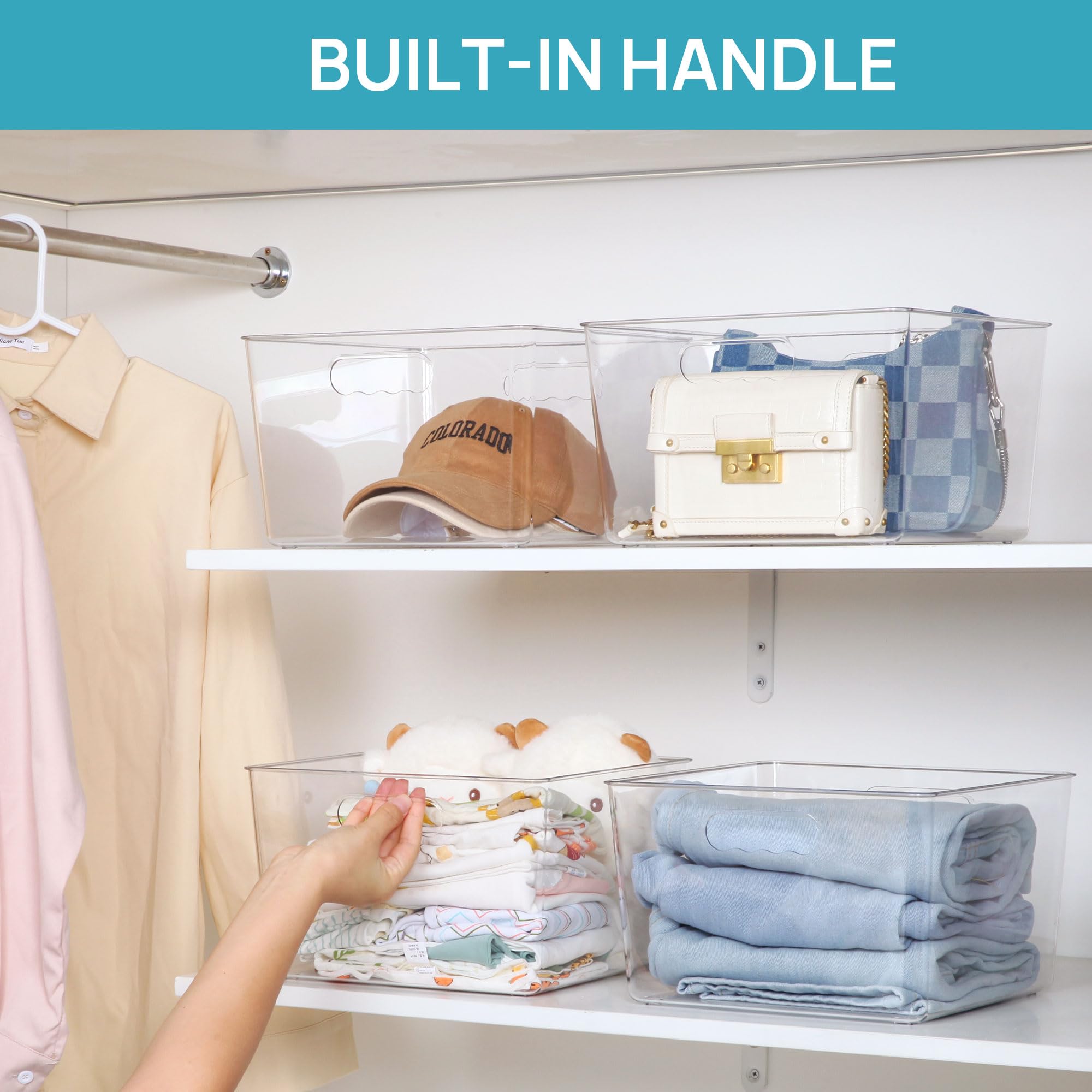 Vtopmart bins in cube shelf showing tidy, uniform organization solution