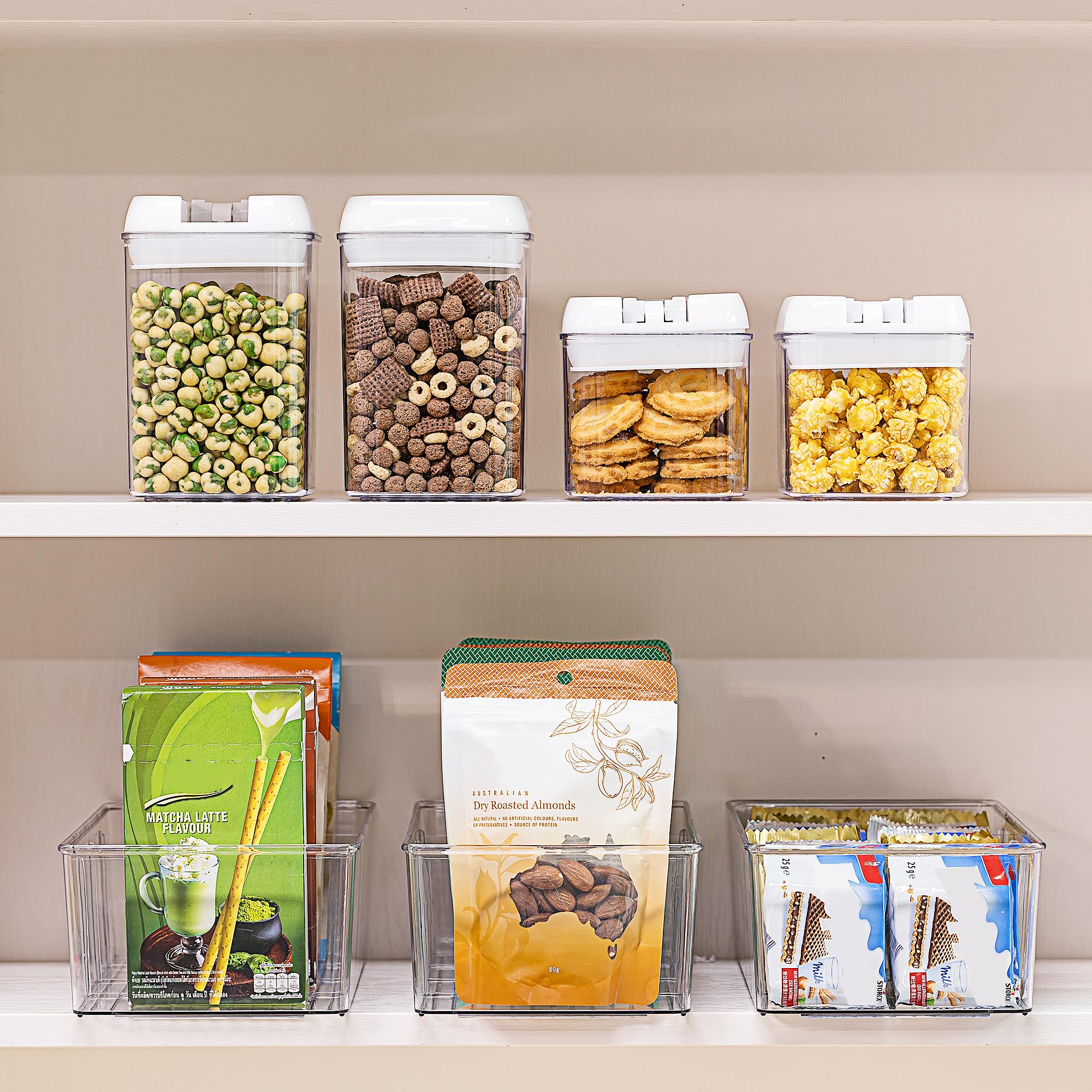 Vtopmart organizer placed on pantry shelf demonstrating tidy storage and visibility