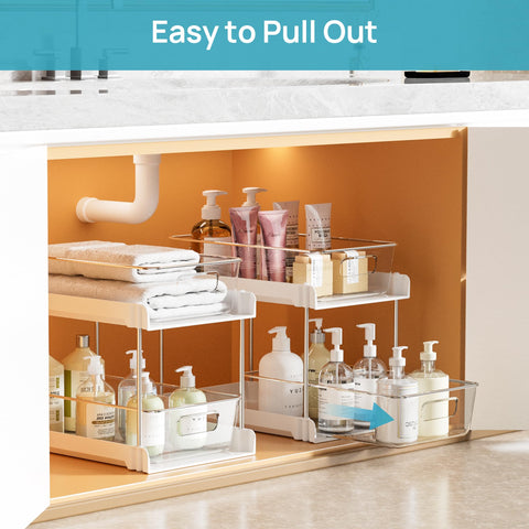 Vtopmart organizer installed under sink showing neat, accessible storage