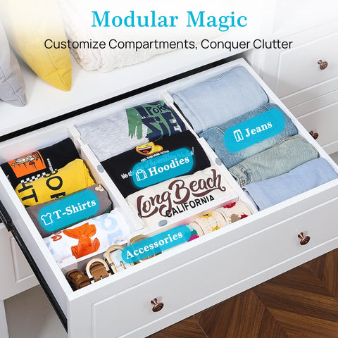 Vtopmart dividers installed in a dresser creating neat compartments quickly