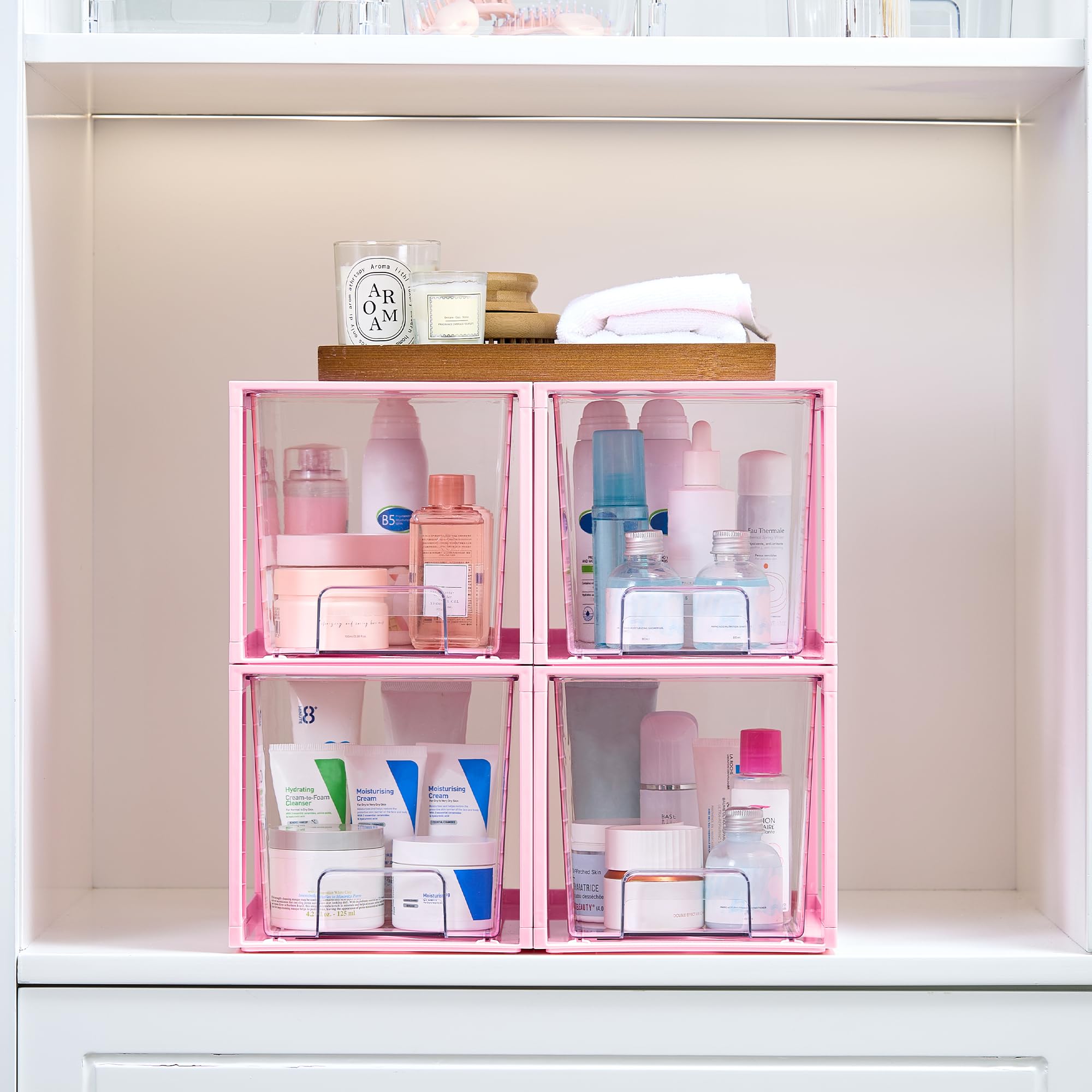 Vtopmart pink drawers in bathroom cupboard demonstrating tidy storage and easy access