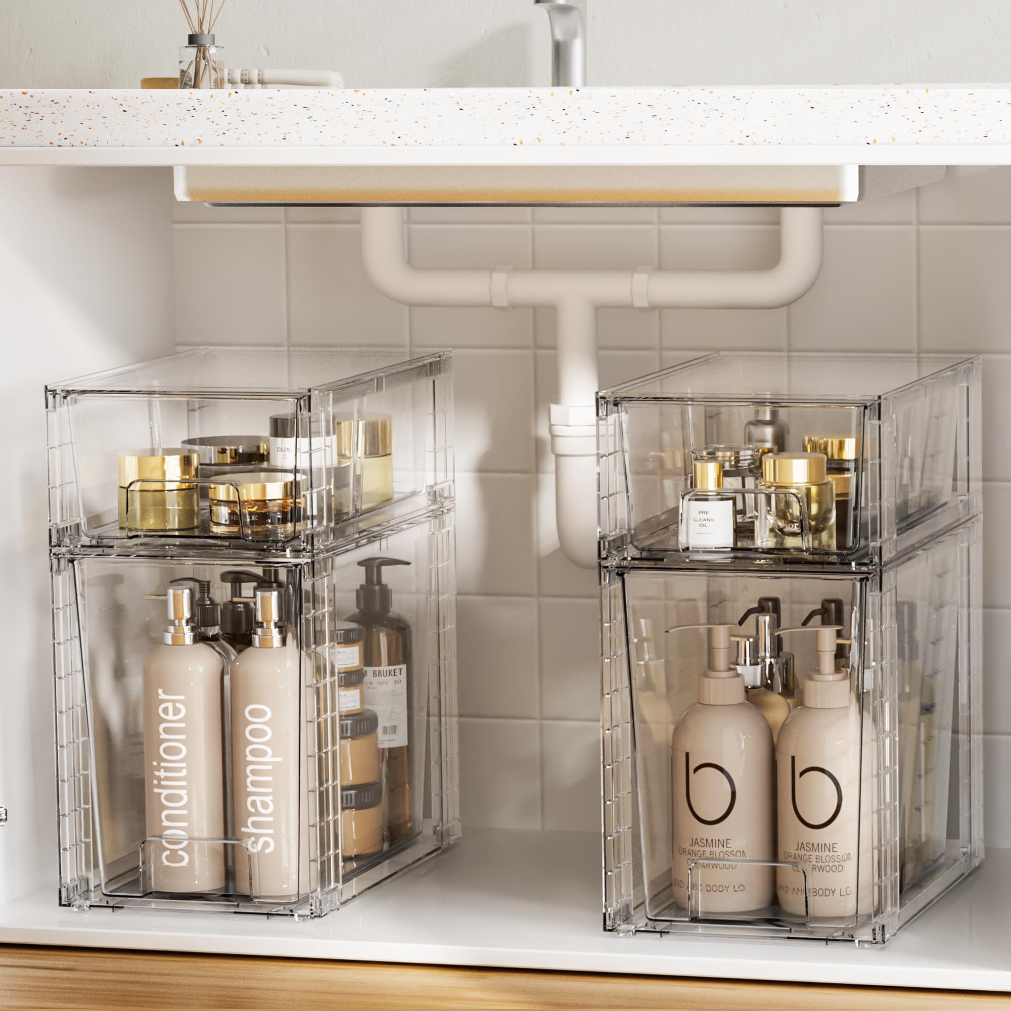 Vtopmart drawers next to bottles to illustrate size and capacity