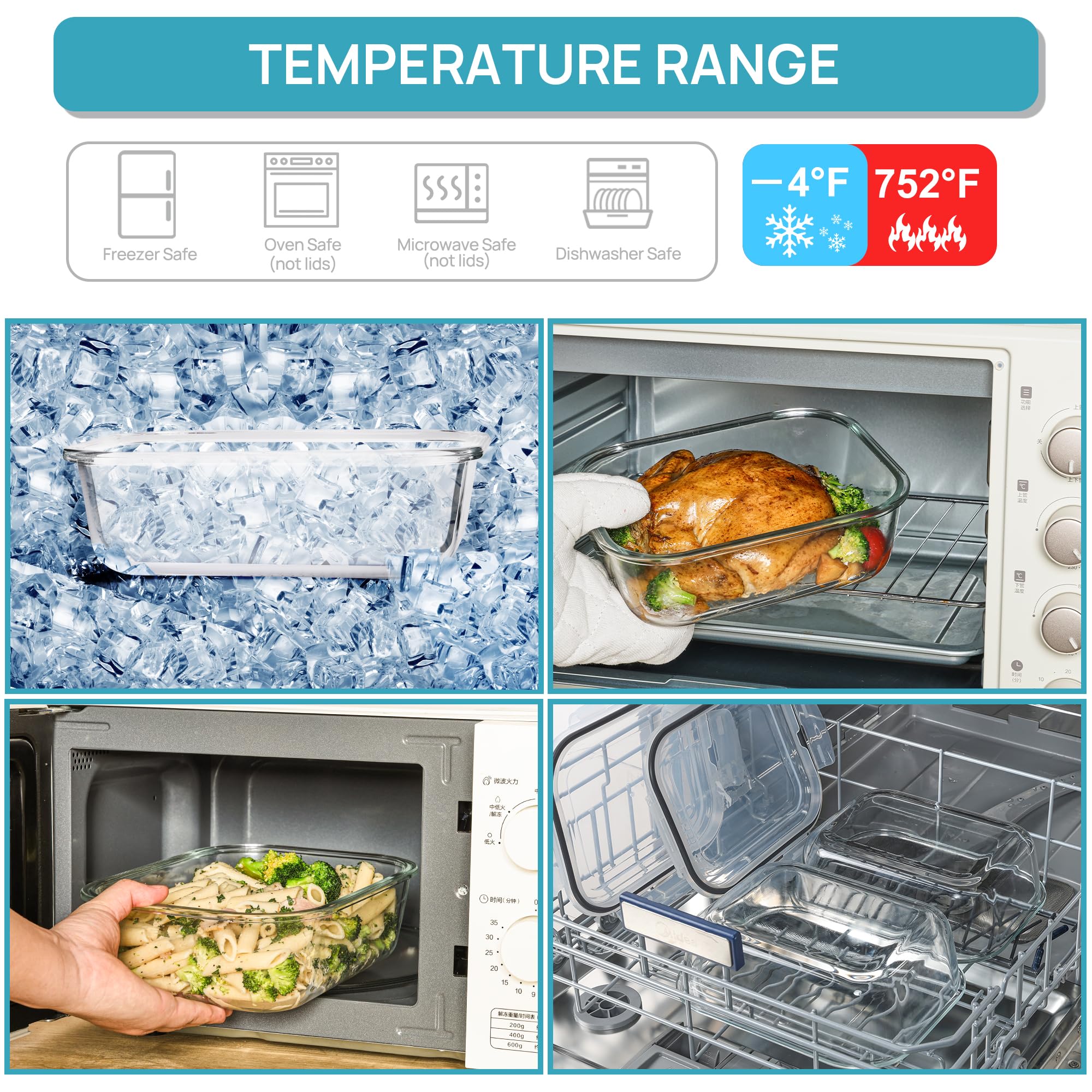 Vtopmart container beside dinner plate shows large 2260ml capacity for family meals