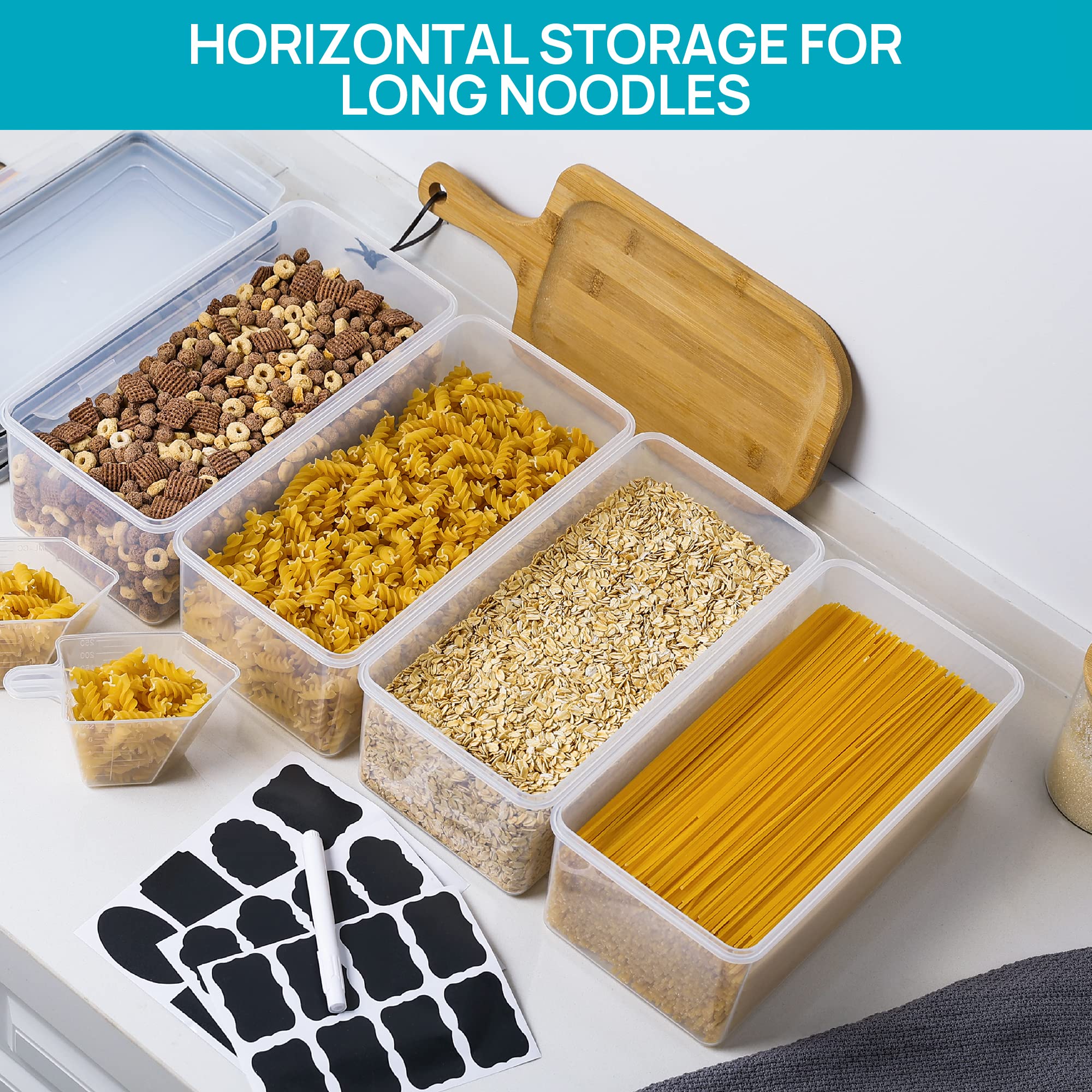 Vtopmart canister next to bundled spaghetti showing 3.2L capacity benefit