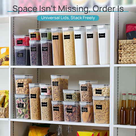 Vtopmart stacked containers on pantry shelf demonstrating space-saving vertical organization