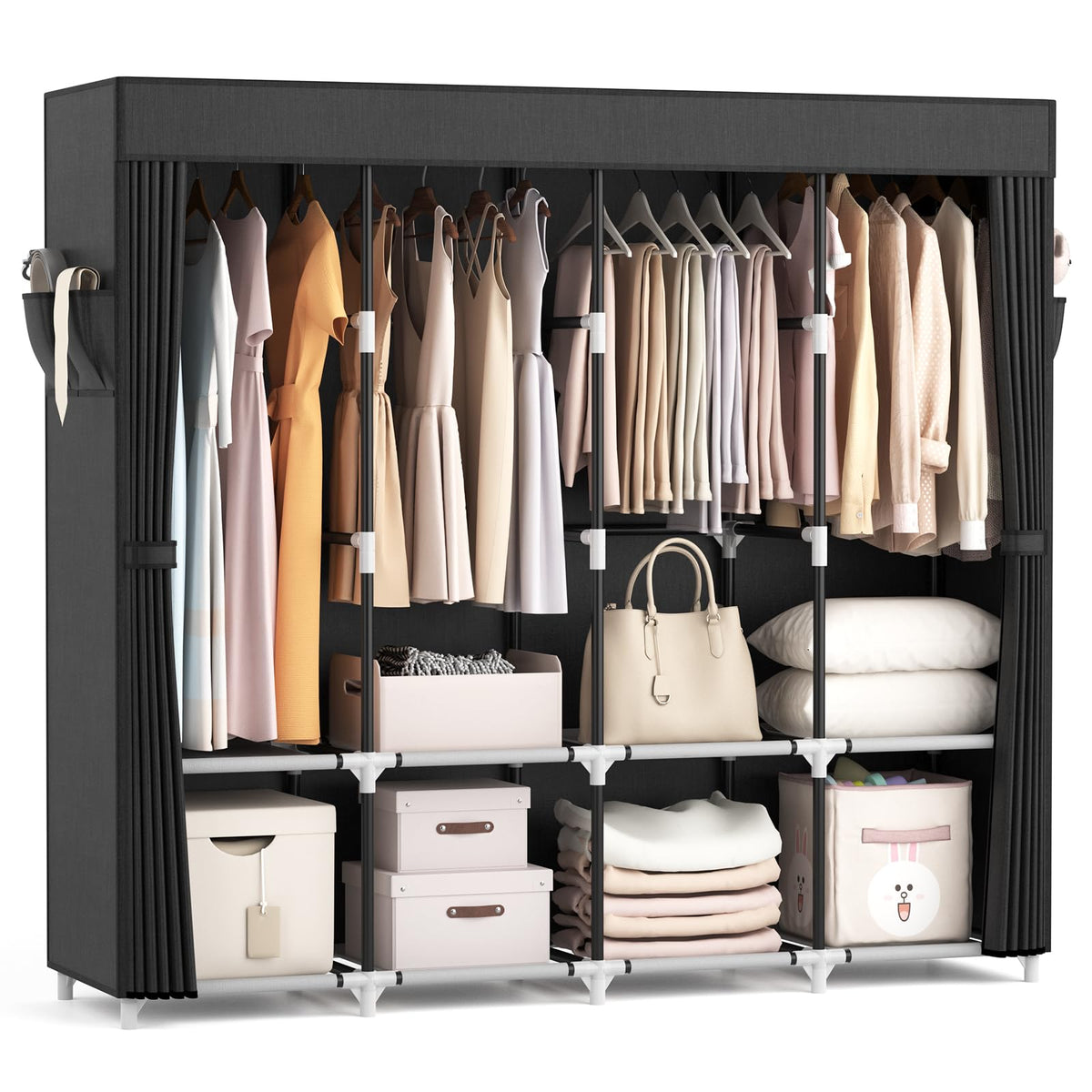 VTRIN front view of full portable wardrobe showing organized storage and dust protection