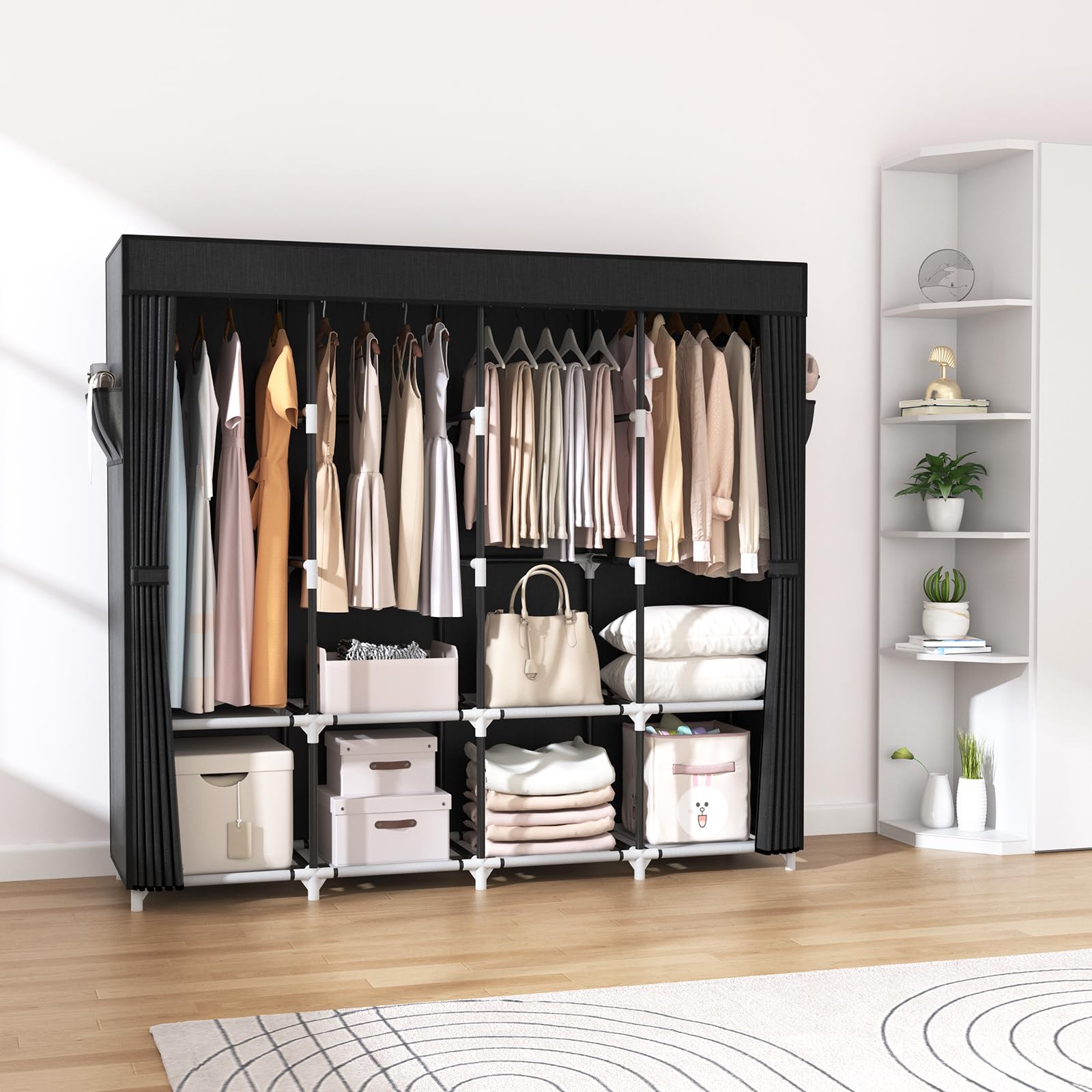 VTRIN wardrobe staged in a room to show how it organizes clothes and saves space