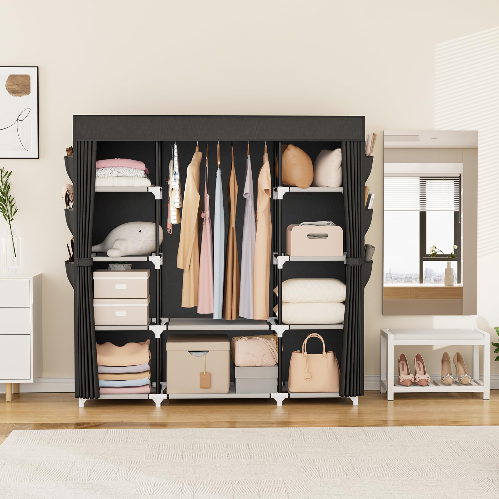 VTRIN close-up of shelves displaying sturdy surfaces and tidy folded clothes
