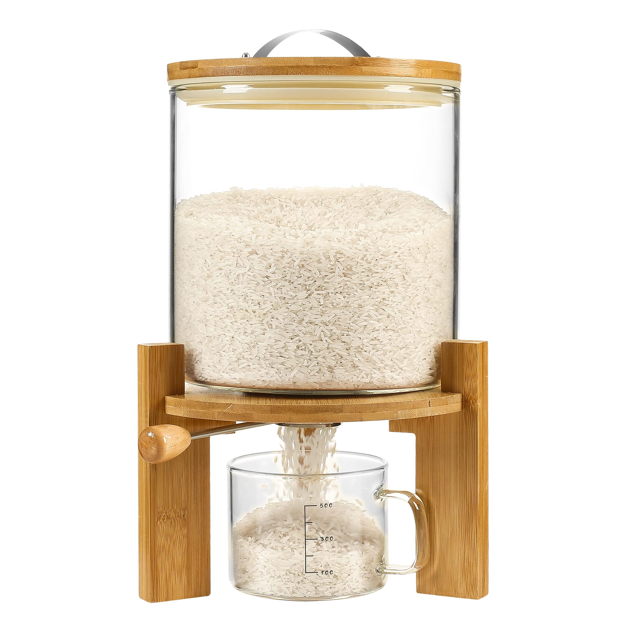 Vuinop front view rice dispenser showing clear glass and bamboo base benefit: visible contents