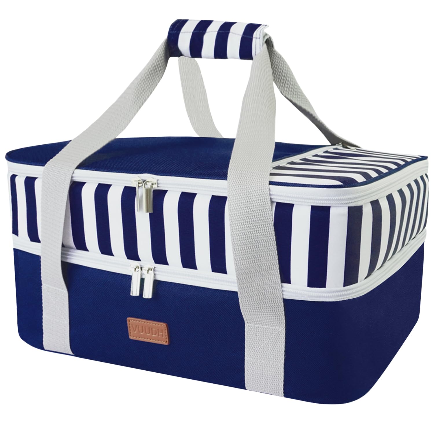 Vuudh casserole carrier front view showing blue exterior and zip closure for easy transport
