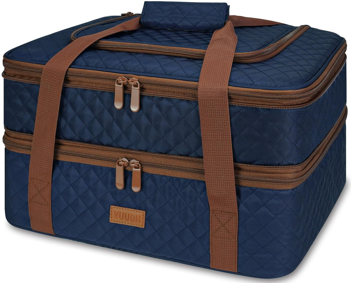 Vuudh front view of blue insulated casserole carrier showing zippered compartments and handles for easy transport