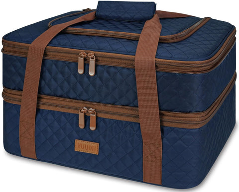Vuudh front view of blue insulated casserole carrier showing zippered compartments and handles for easy transport