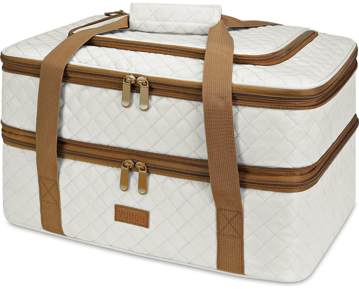 Vuudh front view of insulated casserole carrier showing quilted design and handles for easy transport