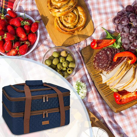 Vuudh in a picnic setting carrying casseroles and sides to a gathering for organized food transport