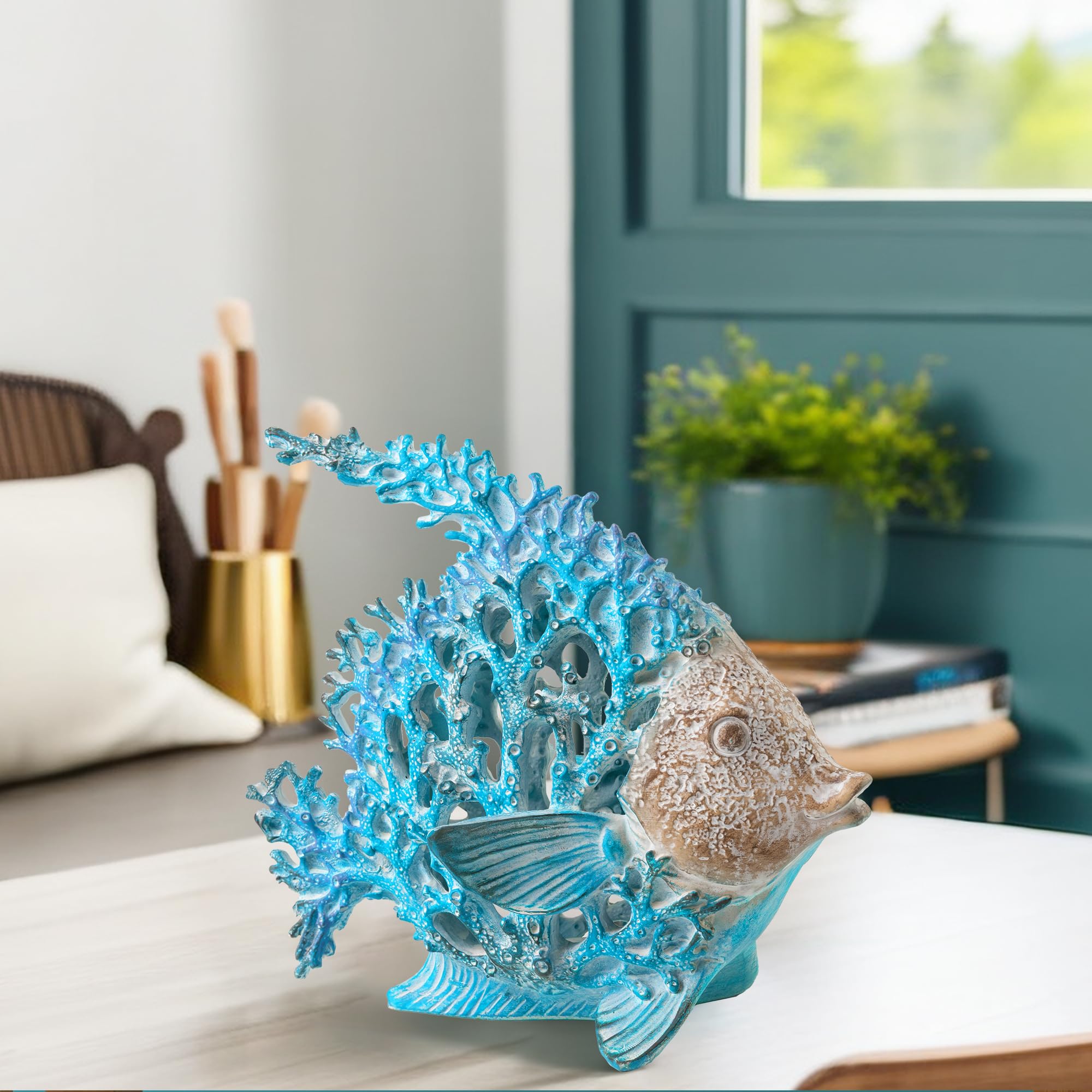 VVGIFTS angelfish displayed on bathroom shelf adding seaside charm