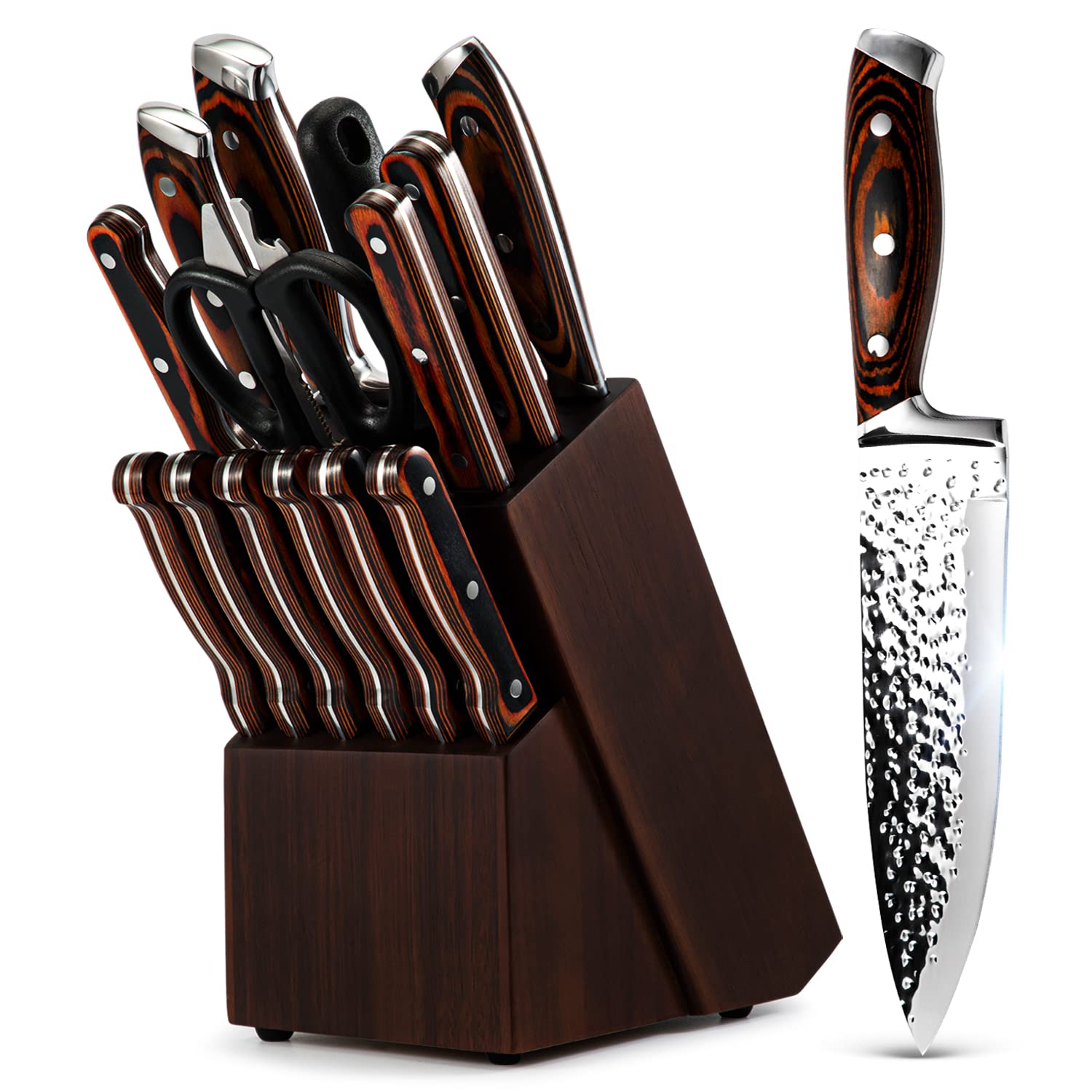 Vvwgkpk front view of complete knife set and block, organized storage benefit
