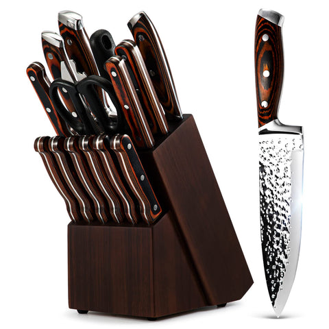 Vvwgkpk front view of complete knife set and block, organized storage benefit