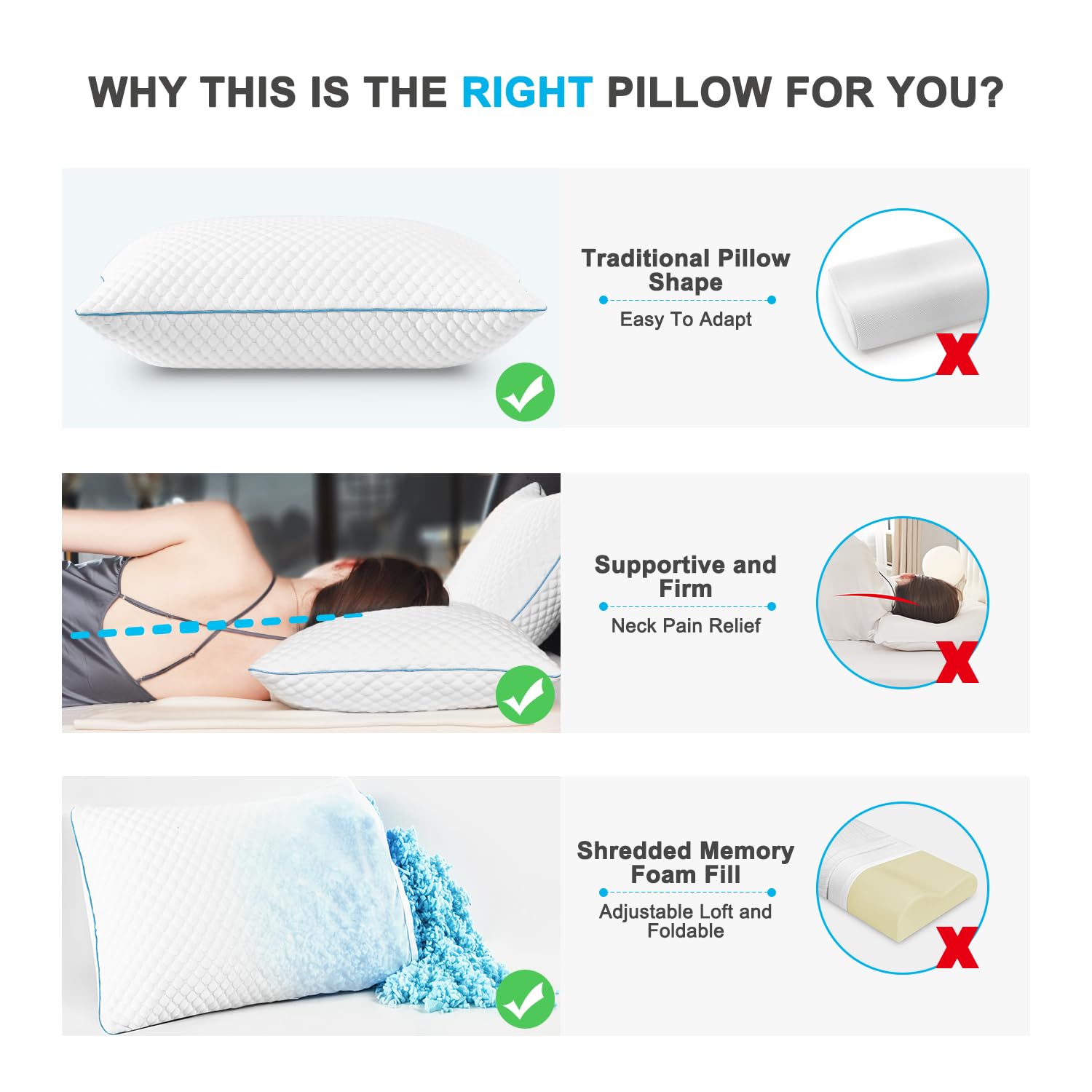 VVZ shredded memory foam fill close-up with adjustable loft benefit