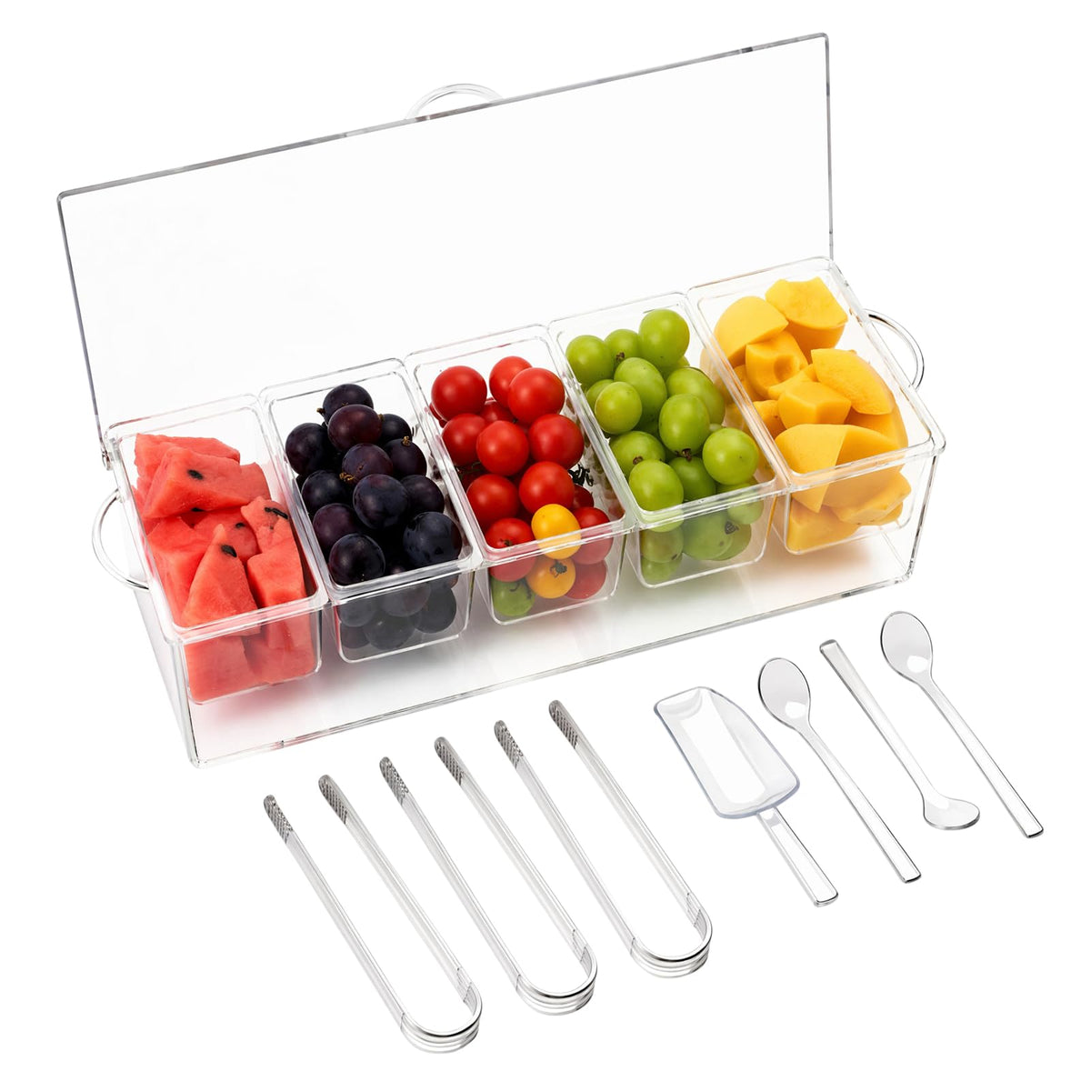 VWMYQ front view of tray showing five compartments and clear presentation benefit