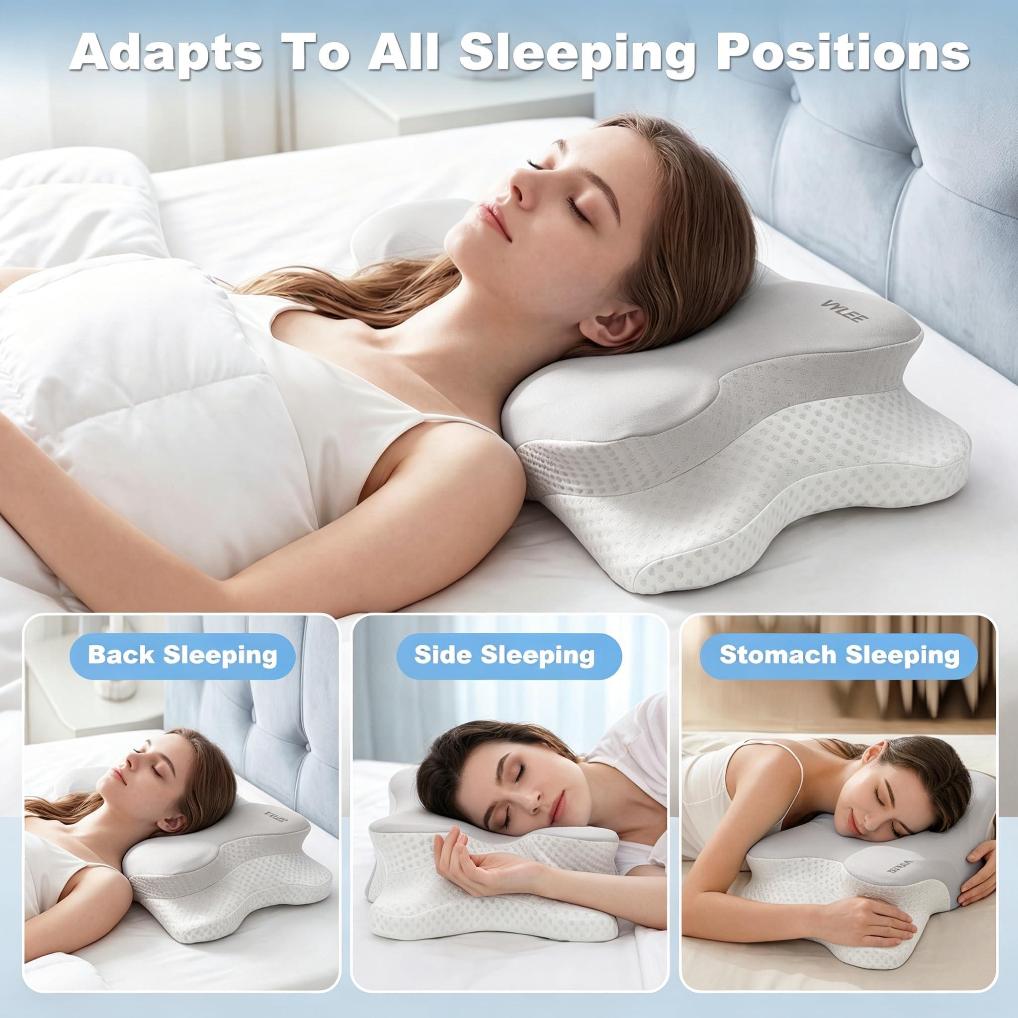 VYLEE back sleeper alignment demo showing neutral head position benefit