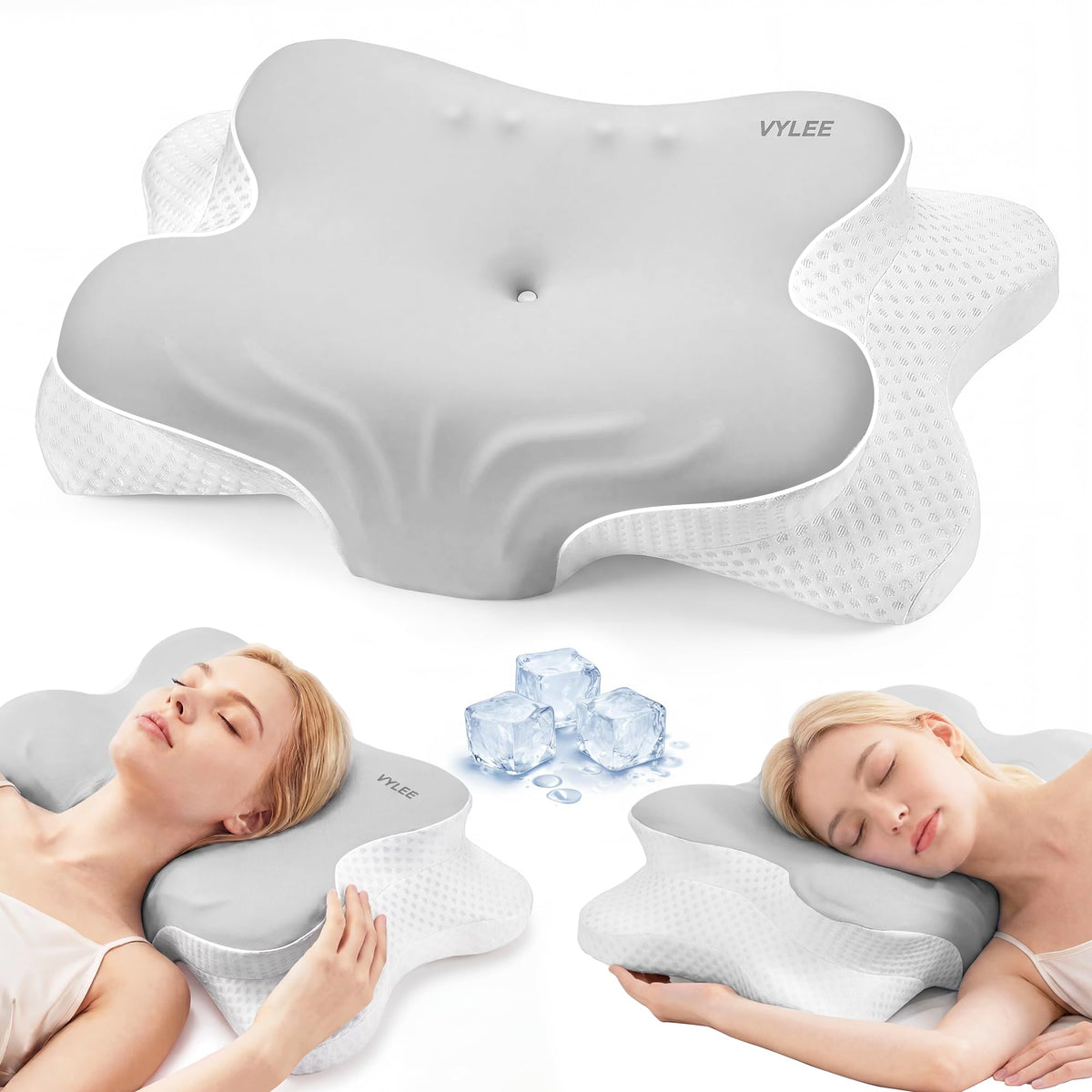 VYLEE front view of grey contour pillow showing ergonomic silhouette and comfort