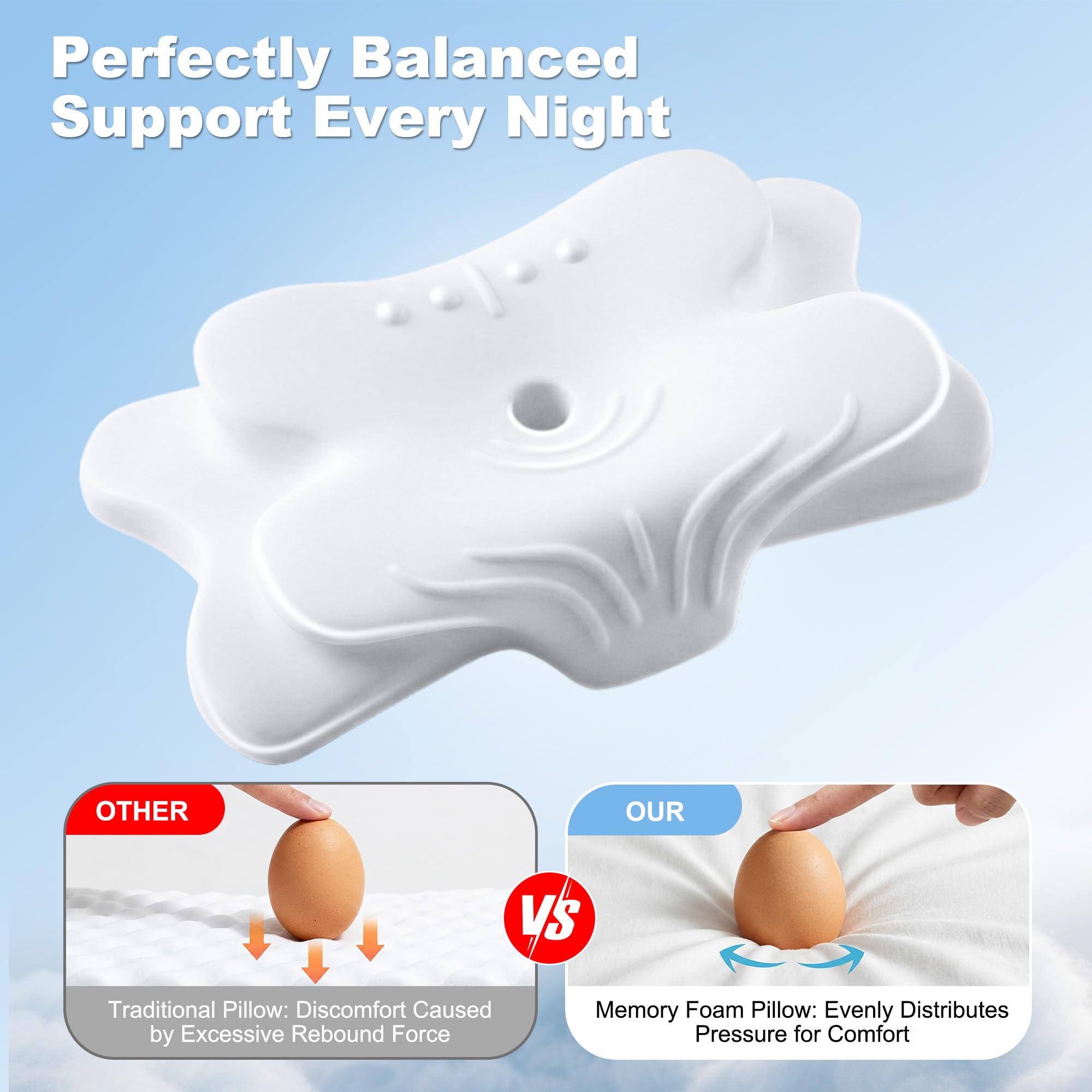 VYLEE pillow next to hand for size comparison showing compact supportive profile