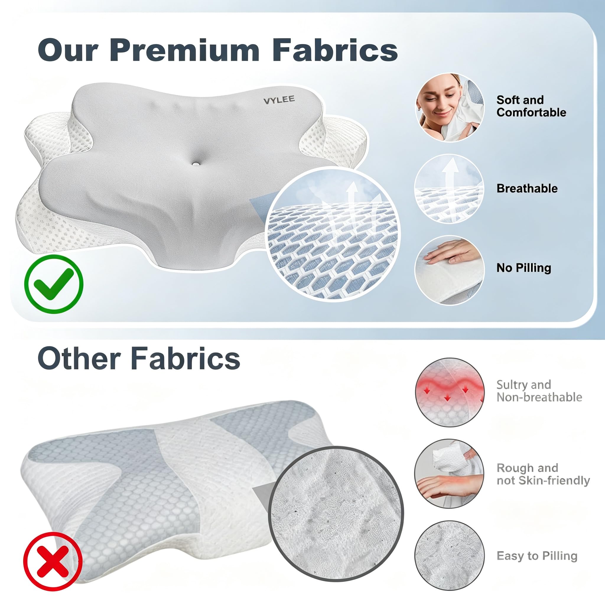 VYLEE stomach sleeper using pillow showing low-profile option for comfort