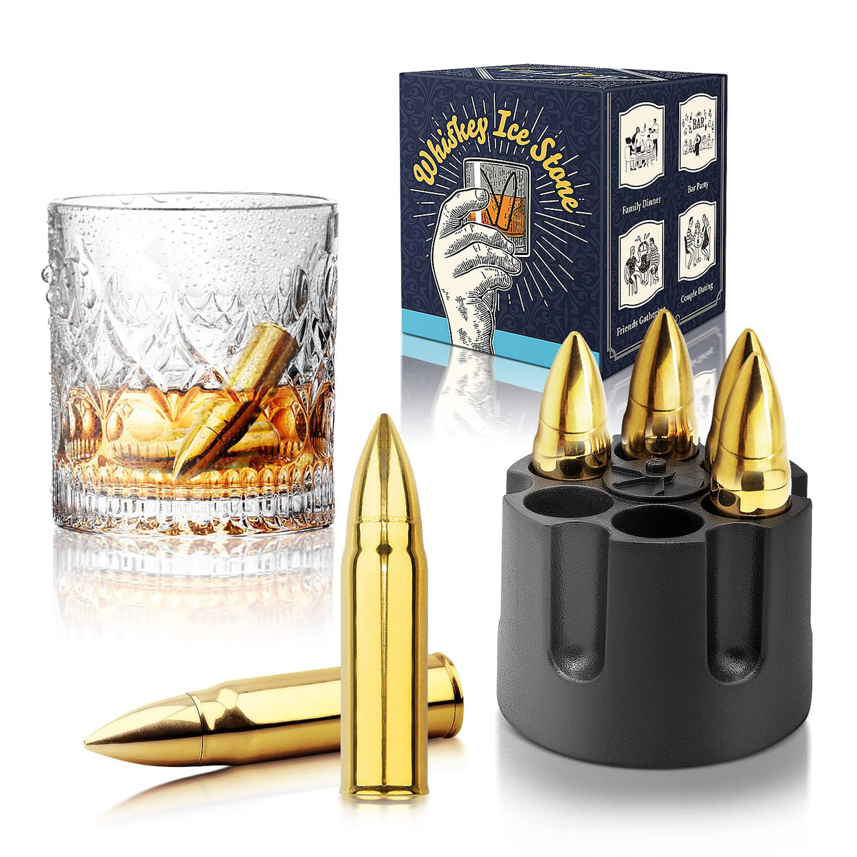 VZLIVE gold whiskey stones front packaging showing elegant gift-ready presentation