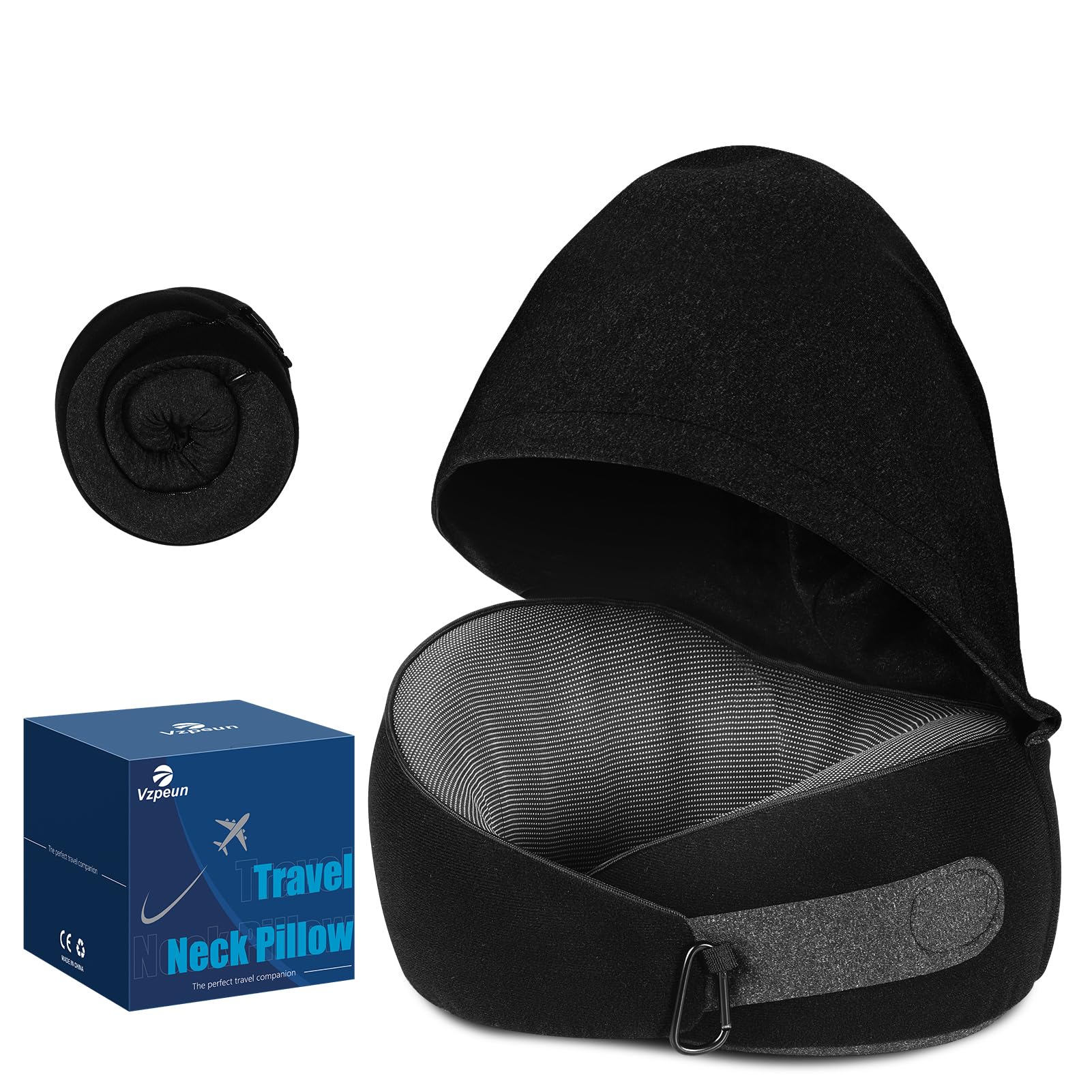 Vzpeun front view hooded pillow showing full 360° neck support and comfort