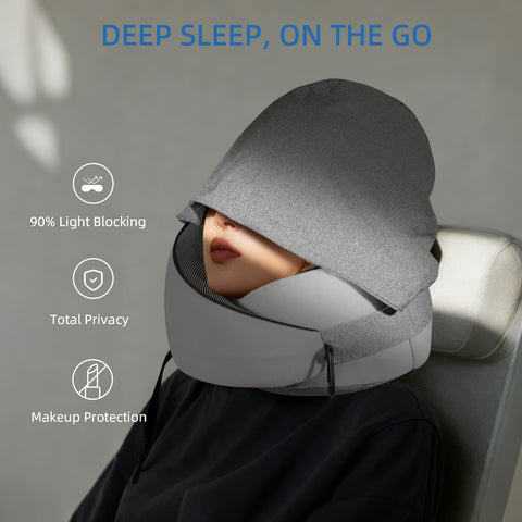 Vzpeun hood in use on airplane seat providing privacy and light reduction
