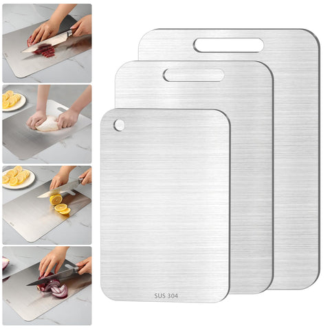 VZZNN front view of three stainless steel cutting boards, durable hygienic prep